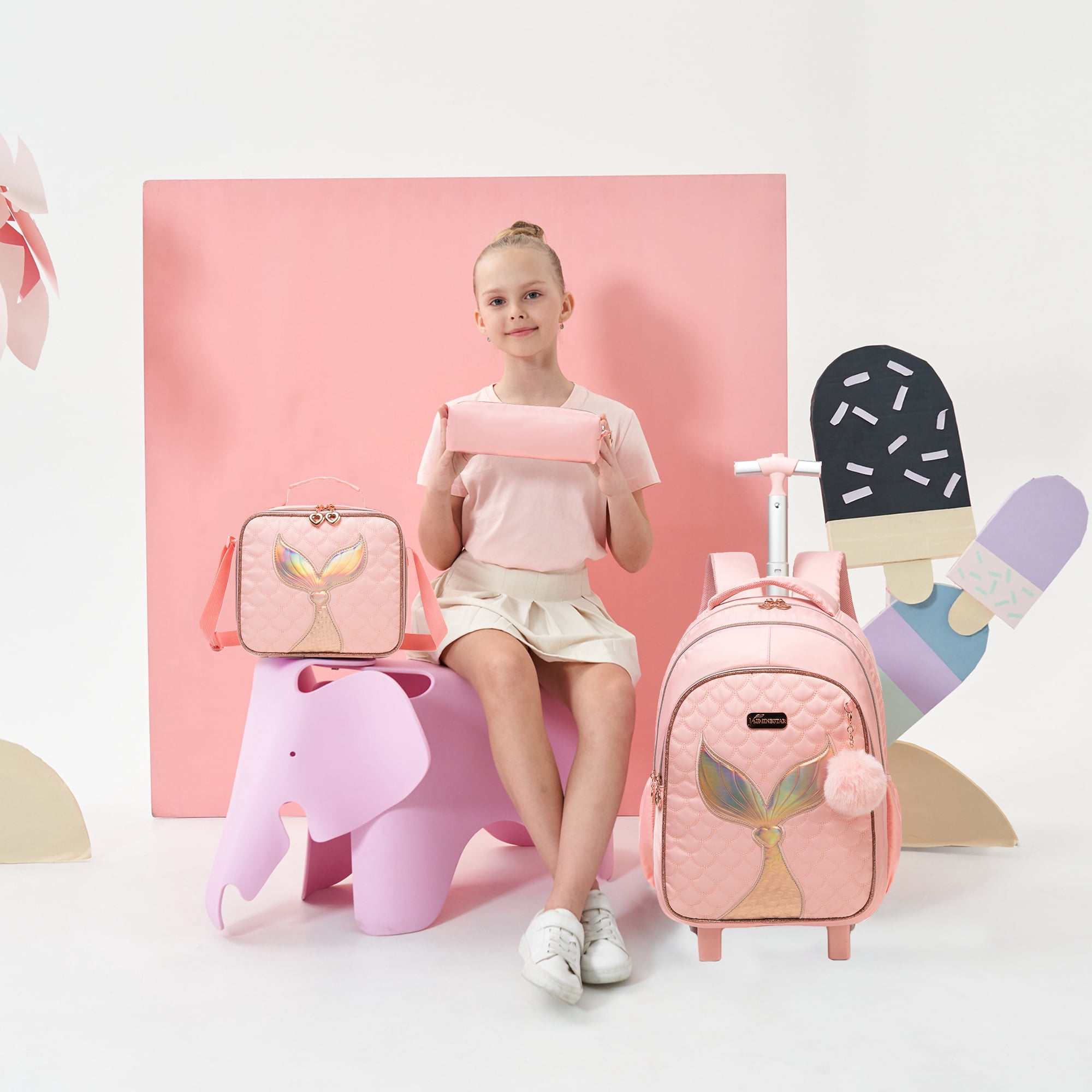 Pink Kids Rolling Backpacks for Girls Roller Backpack with Wheels Lunch Bag Pencil Case Wheeled School Bag for 8-10 Mermaid