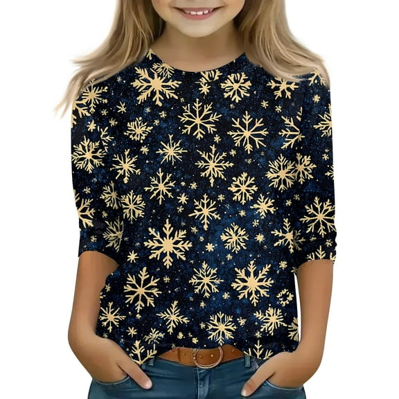 Grblisyd Back to School Clothes for Girls Kids 10-12 Years Christmas Shirts 3/4 Sleeve Glitter Xmas Tree Print Cute Preppy T Shirts Graphic Shirts Dark Blue 150