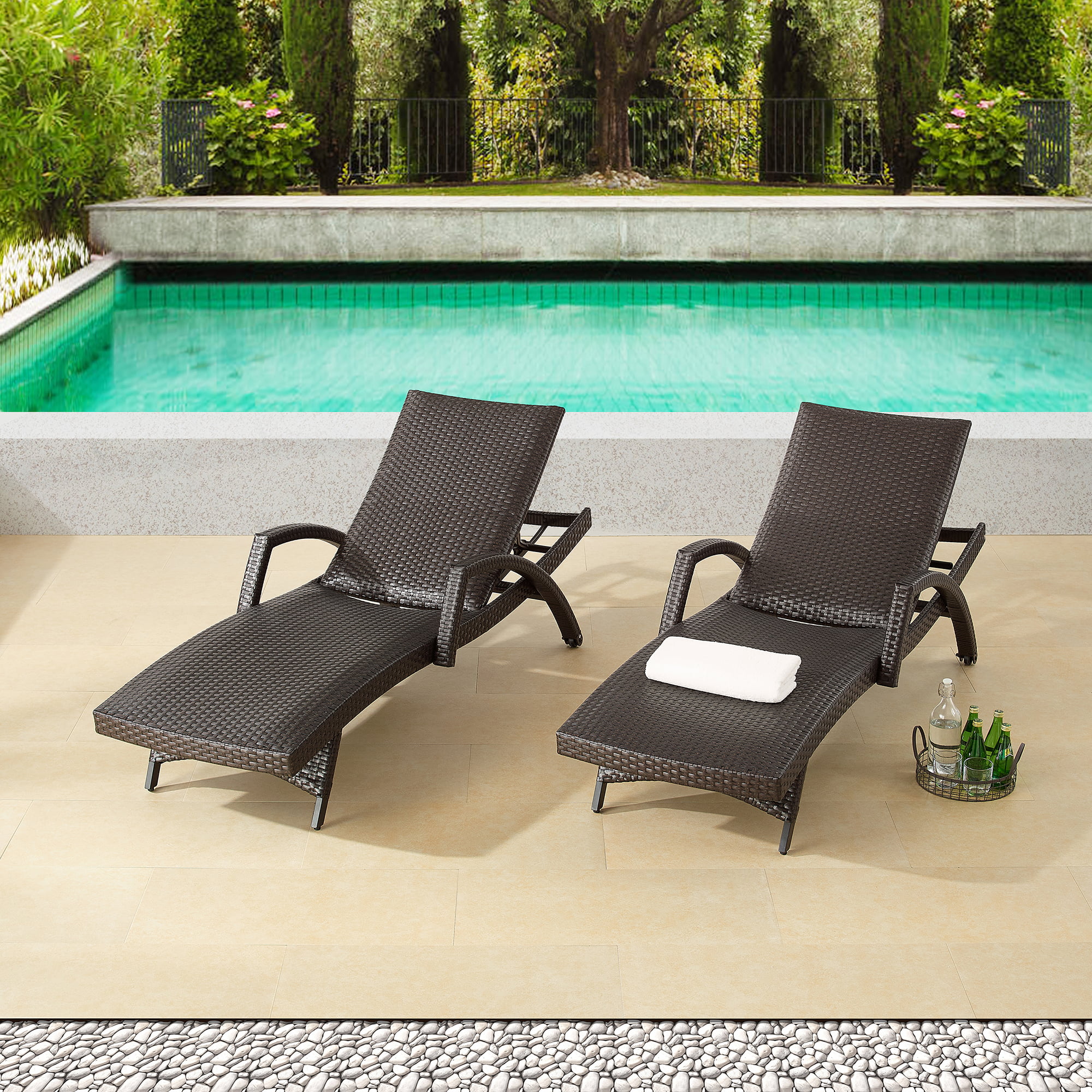 Ulax Furniture Outdoor Woven Padded 2-Pieces Aluminum Chaise Lounge Chairs  Patio Armed Lounger Adjustable Chair with Wheels and Quick Dry Foam