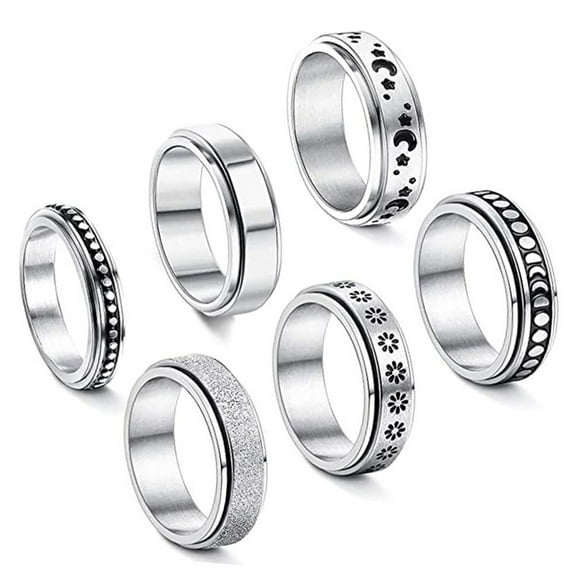 6Pcs Stainless Steel Spinner Ring for Women Moon Star Sand Blast Finish Ring Set Fidget Band Wedding Promise Rings Size 6-10