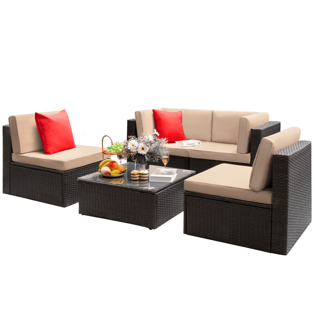 Walnew 5 Pieces Patio Sectional Sofa Sets AllWeather Wicker Rattan