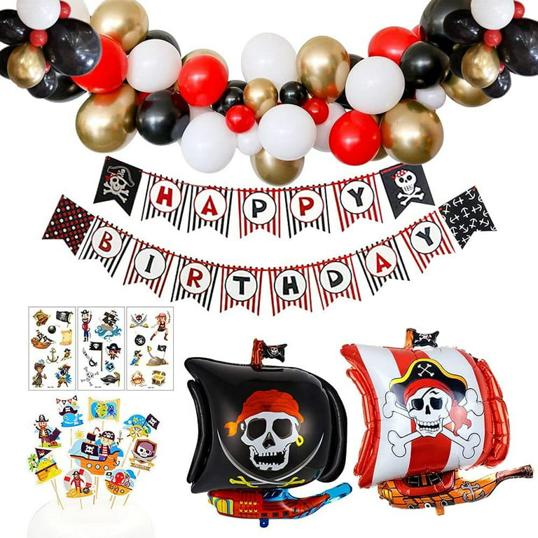 Yansion Pirate Birthday Party Decorations Kids Boys Pirate Theme Balloon Garland Arch Kit with Happy Birthday Banner Pirate Ship Foil Balloons Pirate