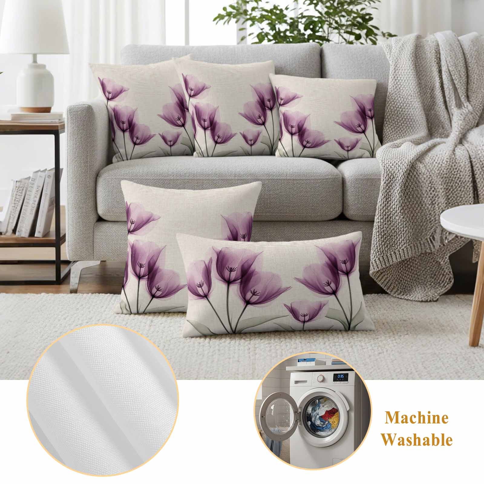 Spring Floral Pillow Covers 2 Pack Watercolor Flowers Purple Tulip Linen Texture Pillowcase Waterproof Outdoor Throw Pillow Cover for Patio Garden Square Cushion 24”x24”