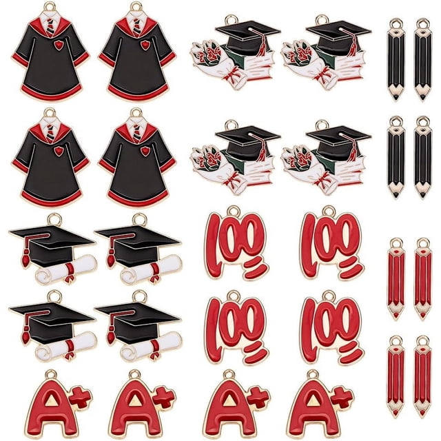 28 colgantes de aleación de esmalte para graduación, dijes de graduación, letra A+, 100 puntos, birrete, vestido académico, dijes de graduación.