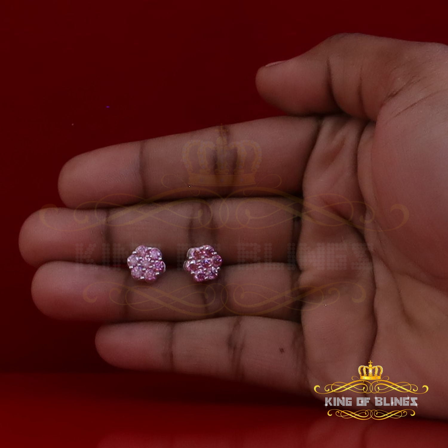 King of Bling's 925 Silver White 1.66ct VVS D Pink Moissanite Floral Men's/Women's Stud Earrings