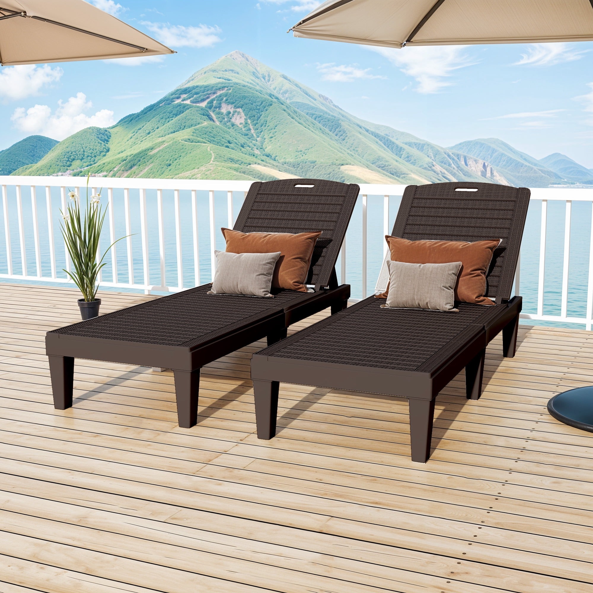 Uforic 2-Piece Outdoor Chaise Lounge Chairs, 5-Position Adjustable Backrest Waterproof Plastic Pool Loungers, Easy Assembly Patio Recliners for Backyard, Poolside and Garden, Dark Brown