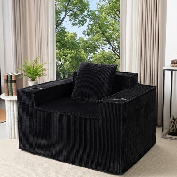 41.5" Boneless Chair, Black Corduroy Cloud Single Sofa with Cup Holders and Storage Pockets, Chaise Lounge Chair for Living Room, No Assembly Required