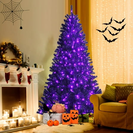 Costway 7ft Pre-lit Halloween Christmas Tree with 500 Purple LED Lights