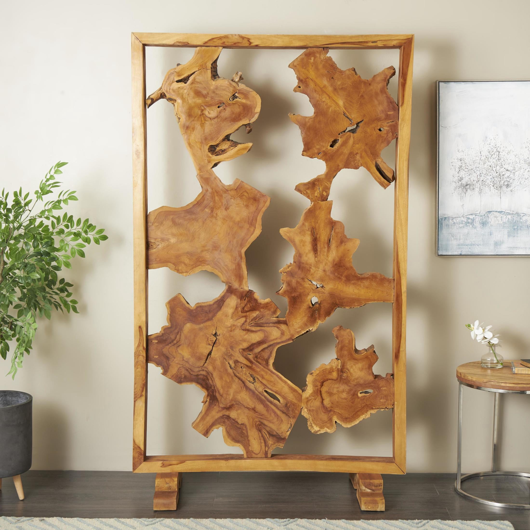 DecMode 47" x 82" Brown Teak Wood Handmade Tall Live Edge Freestanding Room Divider Screen, 1-Piece