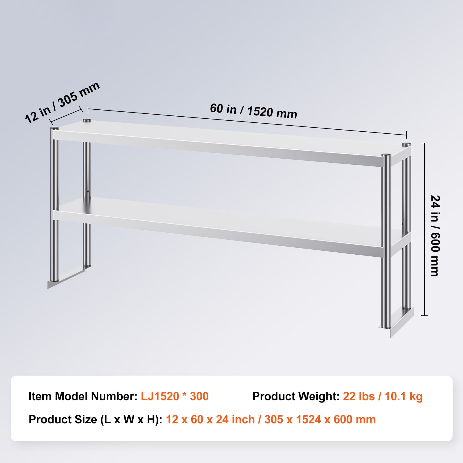 KFFKFF Dual-Level Shelf, Stainless Steel, 12x60 Inch, Adjustable Height, for Kitchen, Restaurant, Workshop