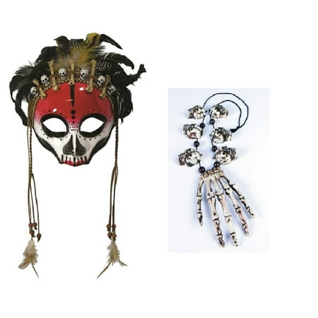 Black Magic Voodoo Face Mask Skull Bones Necklace Sorcerer Costume Accessory Set