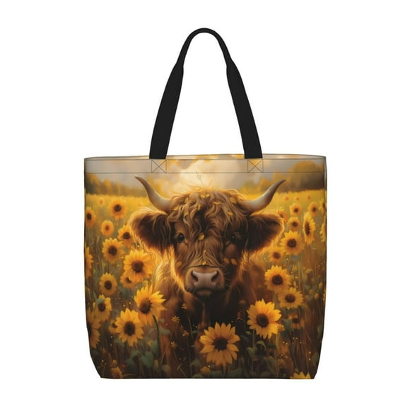 Sikiie Cute Cow Sunflower Field Print Single Shoulder Bag, Large Capacity Zipper Handbag, Waterproof Shopping Bag, School and Work Shoulder Bag