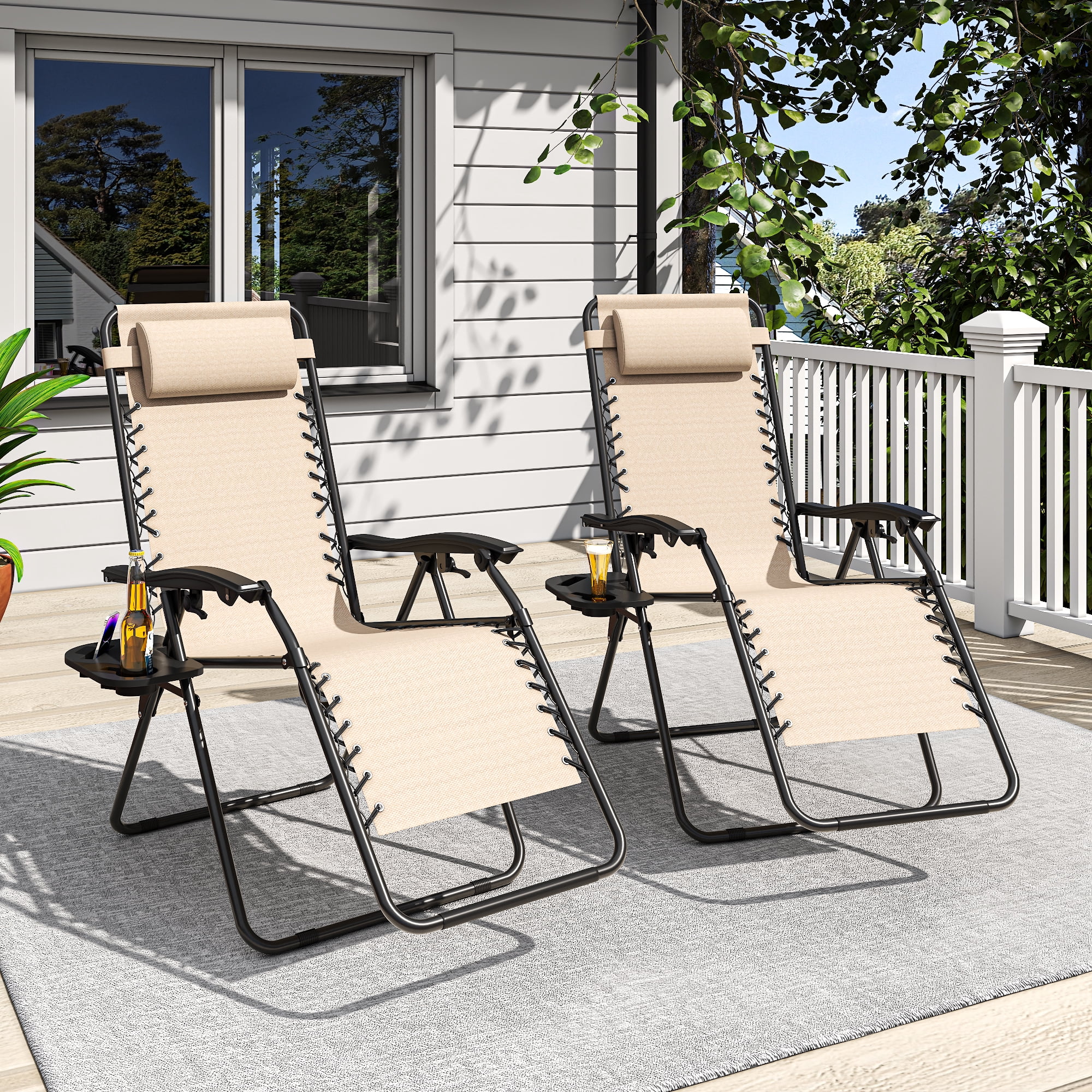Zero Gravity Lounge Chair Folding with Headrest & Removable Tray, 300 lb Capacity Recliner 90-170° Adjustable, Portable Outdoor Chair for Patio Beach Camping, Khaki