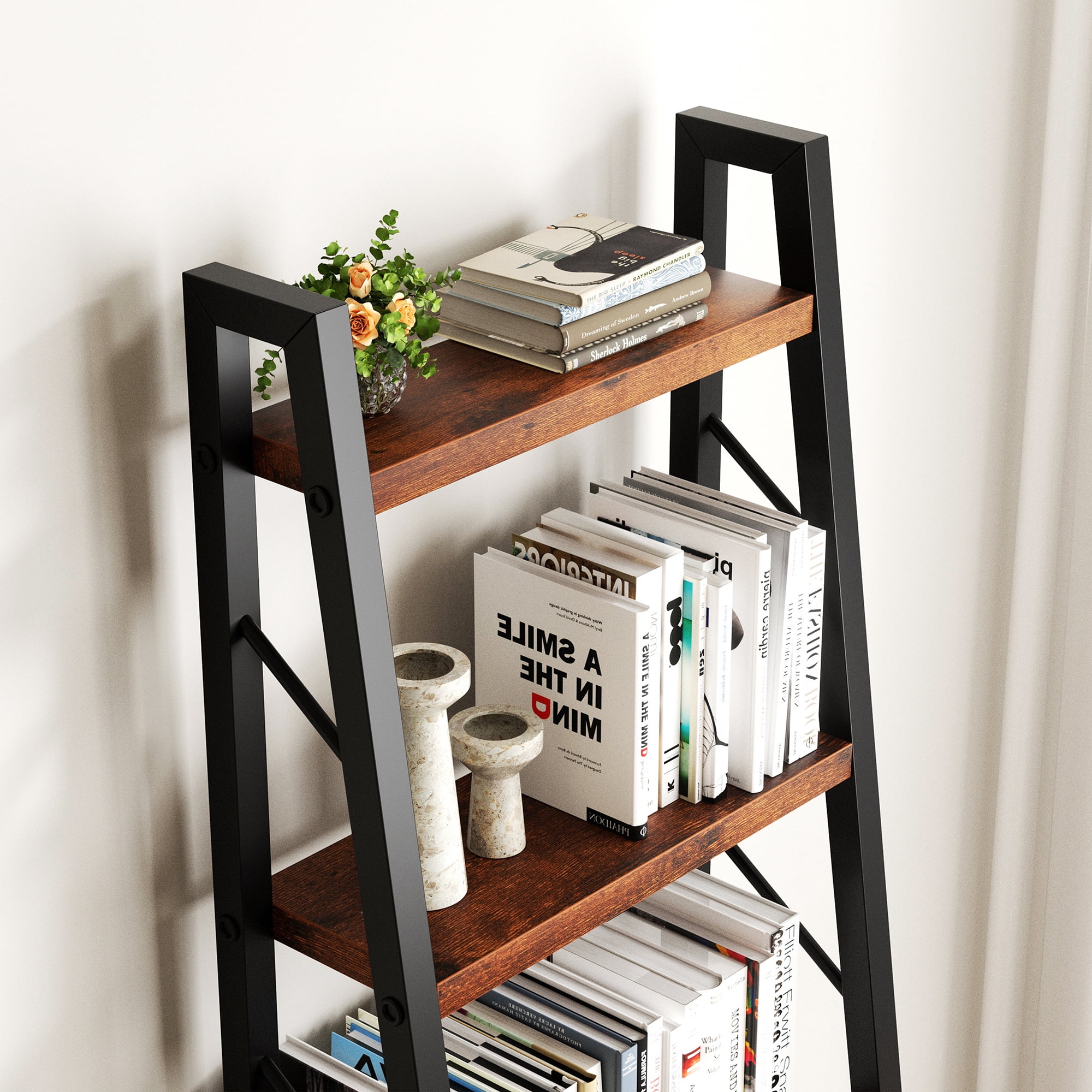 Walsunny Ladder Bookshelf Organizer, Solid Rubberwood Frame, Espresso Finish, 16.7" D x 12" W x 55.8" H