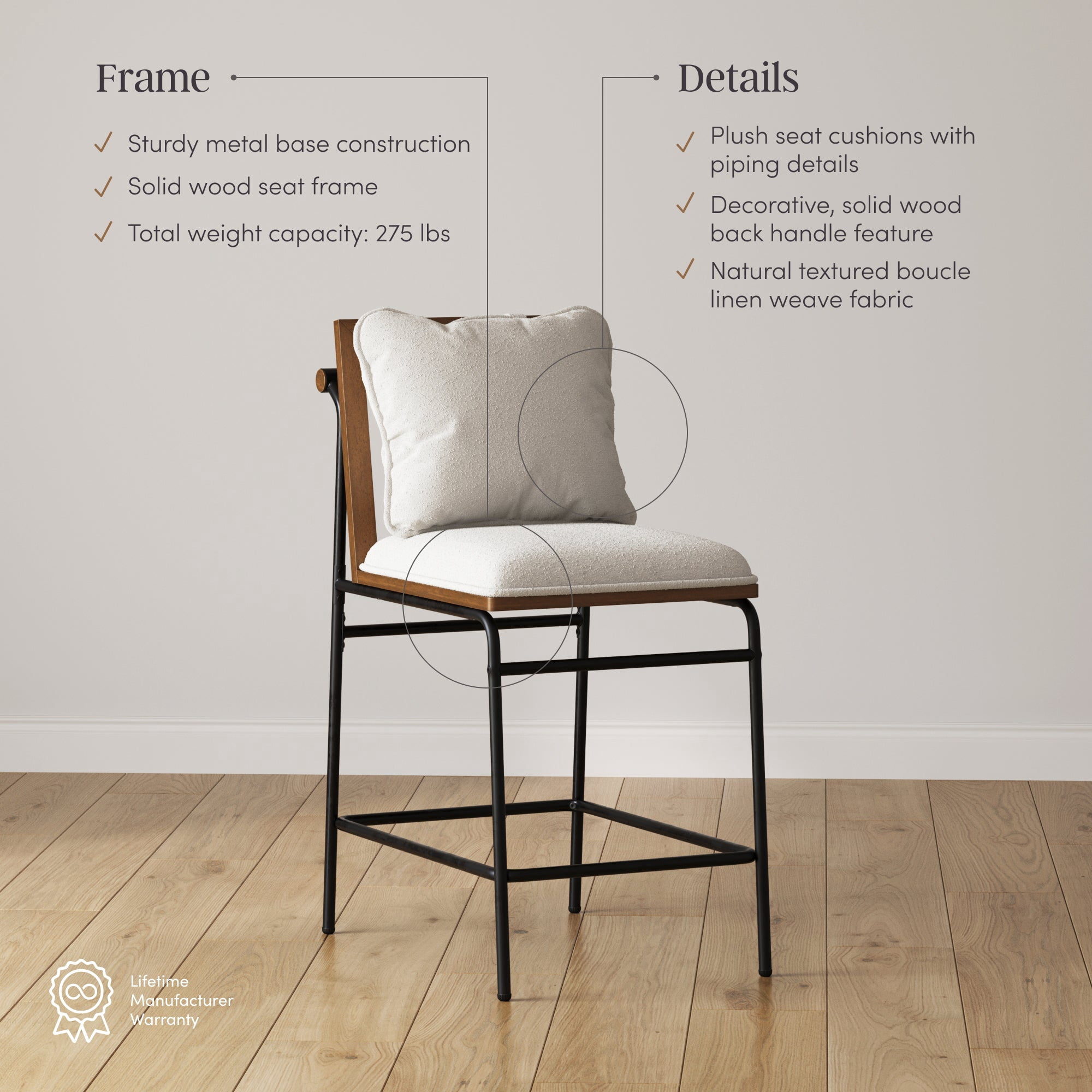 Nathan James Irie Scandinavian Counter Height Cushioned Bar Stool, Kitchen Bar Stool with Boucle Upholstery, Metal Legs, and Solid Wood Frame, Cream Boucle/Black