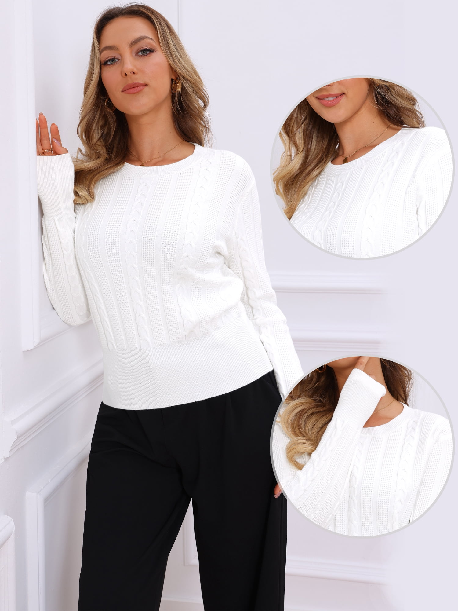 DARING DIVA Women's Cable Knit Long Sleeve Crew Neck Pullover Sweaters L White