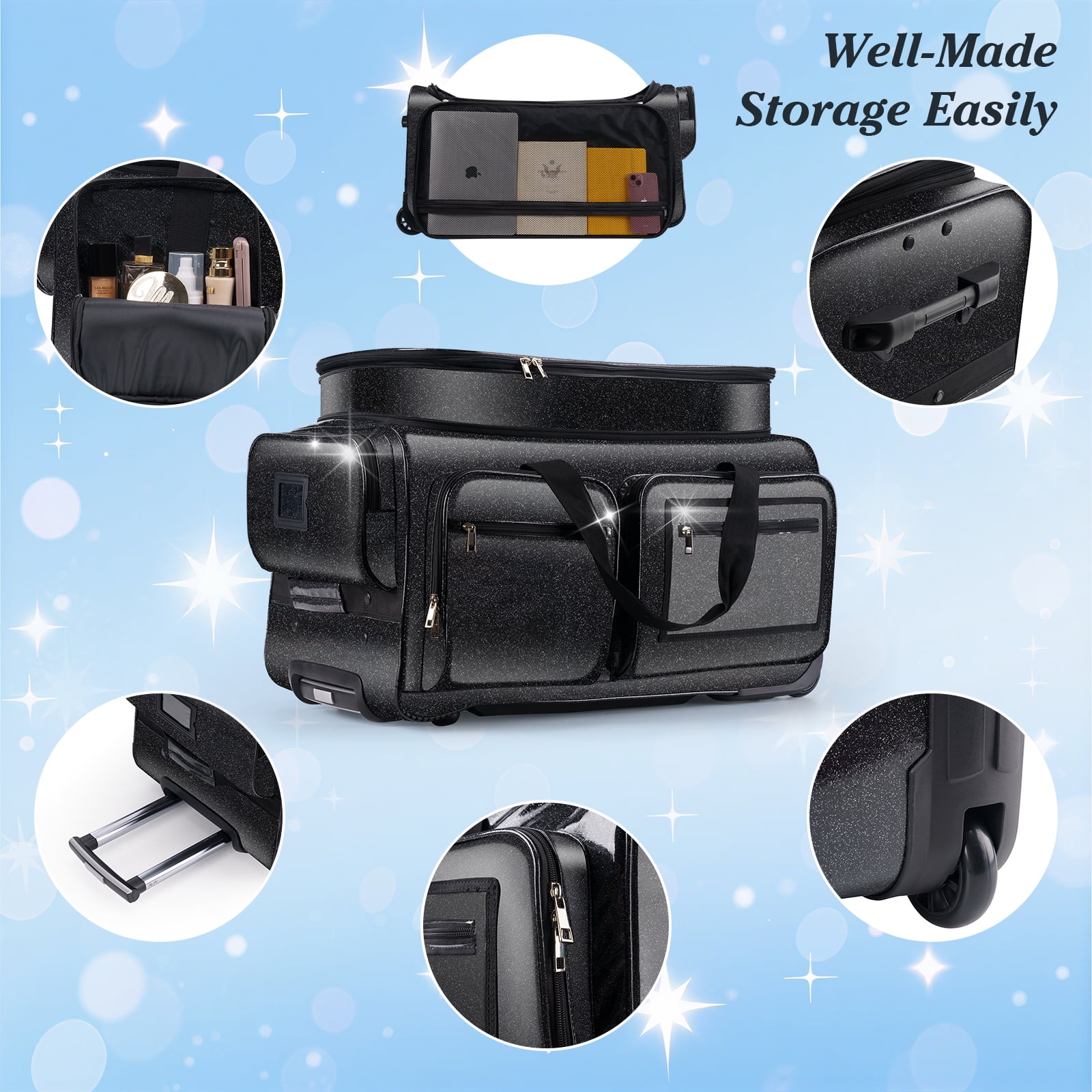Dance Bag with Garment Rack, Glitter Black 28" Dance Competition Must Haves Competition Dance Bag with Rack, Costumes Rolling Garment Bags For Travel Collapsible Suitcase for Dancers Performers