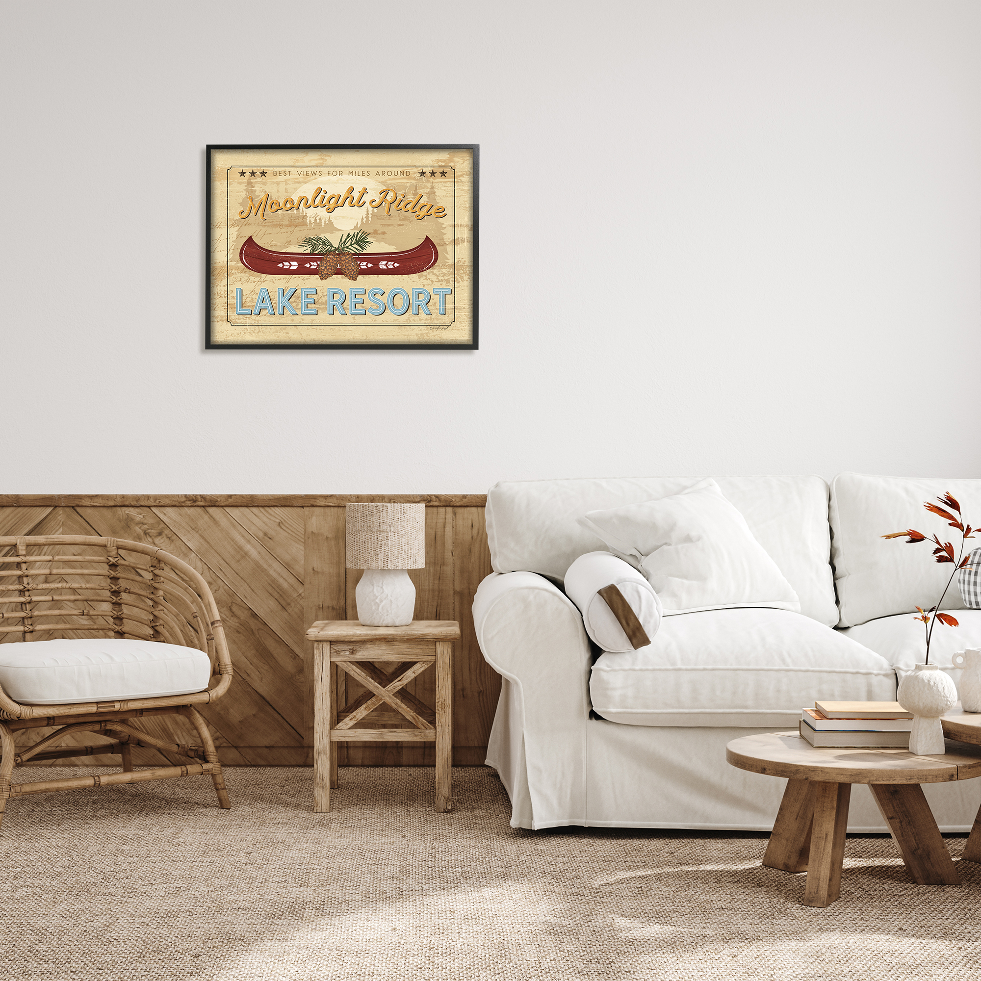 Stupell Moonlight Ridge Lake Resort Canoe Landscape Painting Black Framed Art Print Wall Art