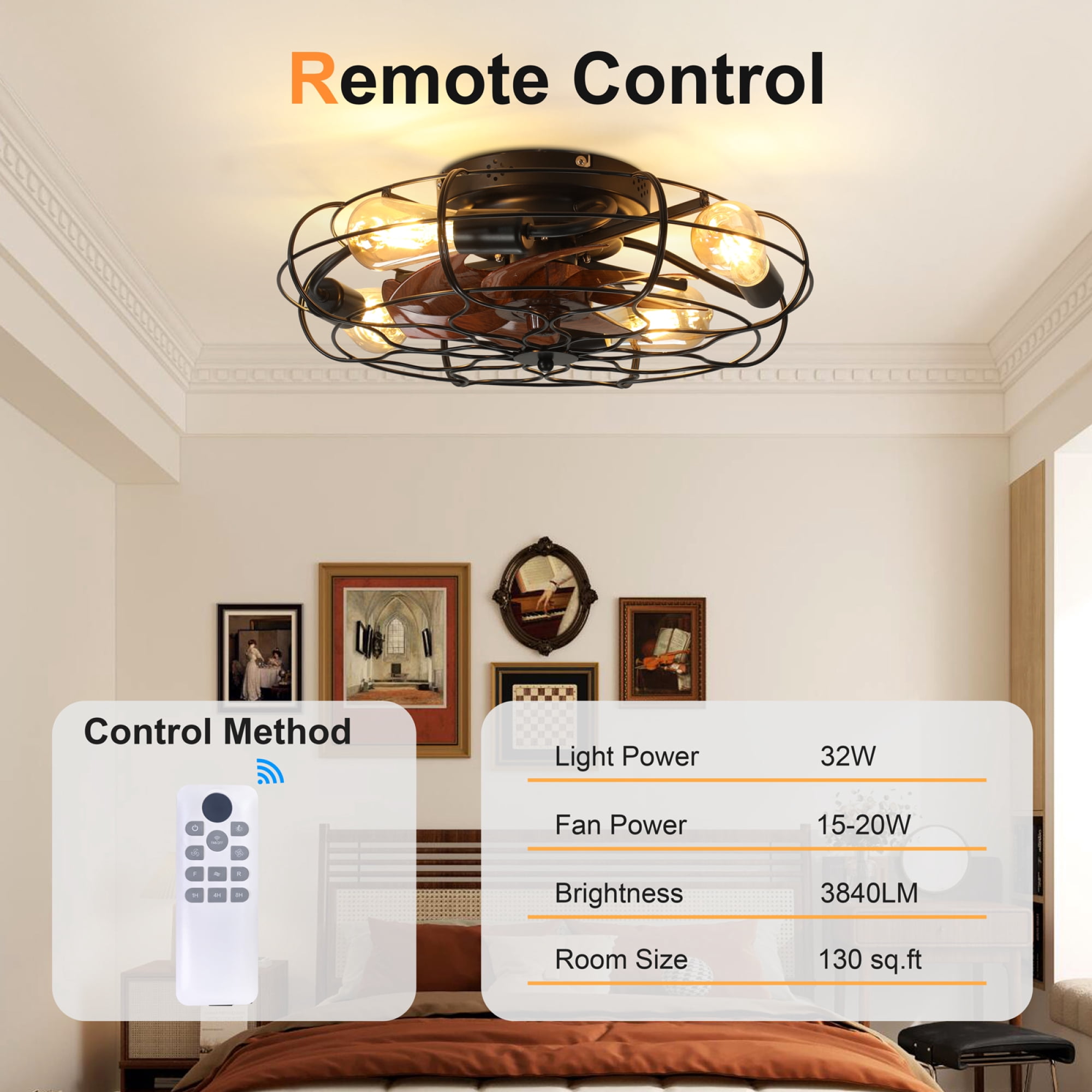 Leumius 19.7" Industrial Caged Ceiling Fan with Light, 6-Speed Reversible DC Motor, E26 Bulb Base, Remote Control, Timer, Low Noise, Farmhouse Decor for Bedroom Living Room Kitchen