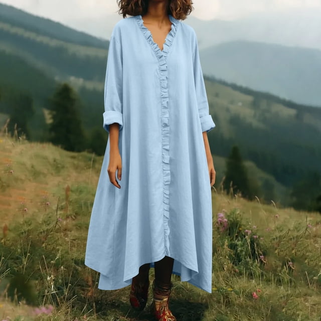 Roncen Robe Maxi en Lin pour Femmes - Robe Boho à Col en V Manches 3/4 avec Volants Intégrés et Coupe Décontractée