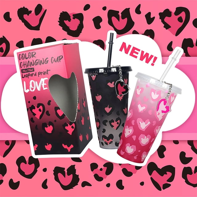 Off Promotions! Color Changing Cups with Lids and Straws Leopard Print Heart Pendant Color Changing Straw Cup, Color Changing Cups Clearance