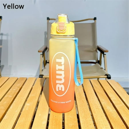

1000ml Outdoor Time Marker Gradient Color Large Capacity Straw Cup Drink Jugs Water Cups Sports Water Bottle YELLOW