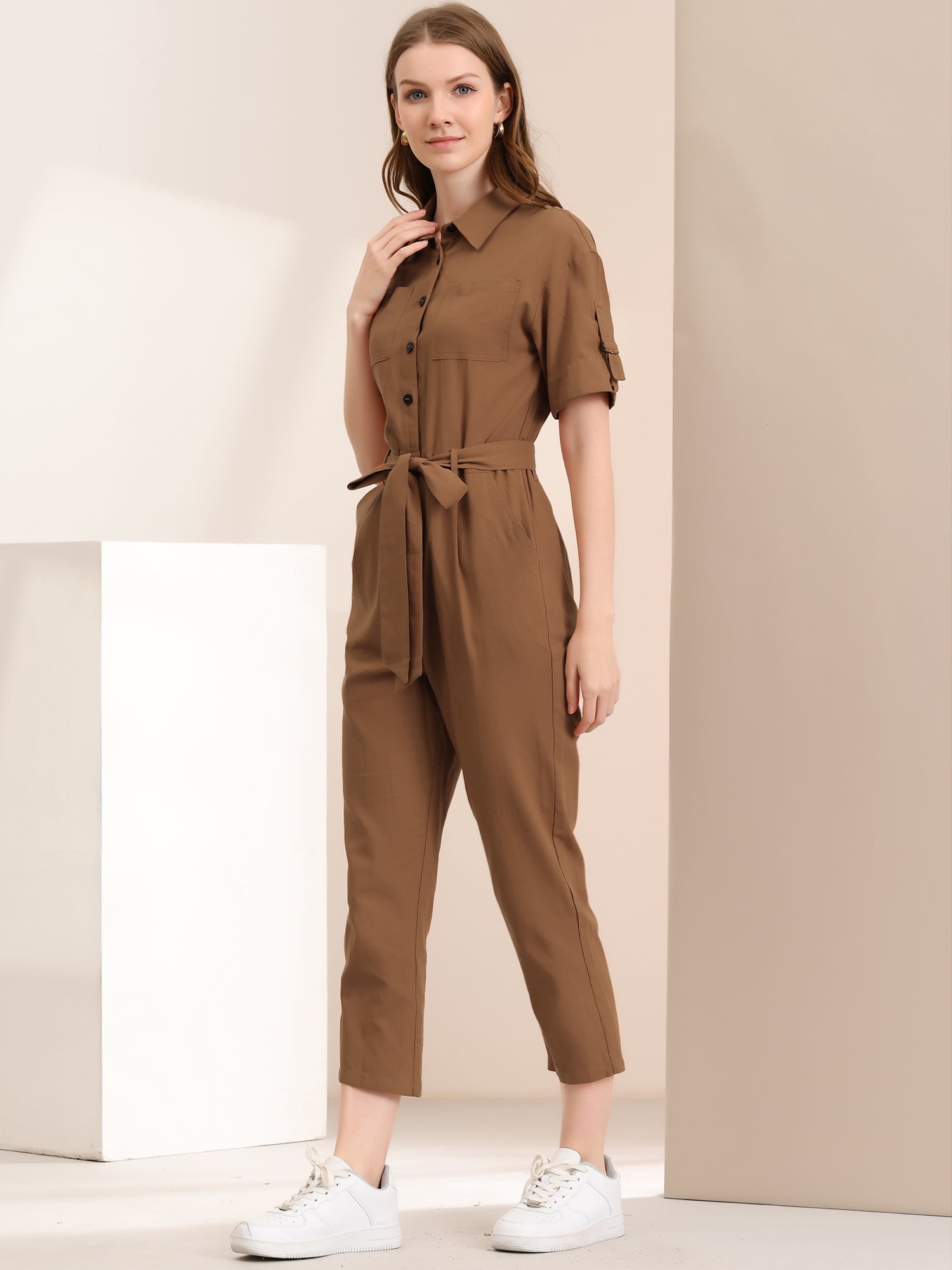 DARING DIVA Women's Short Sleeve Collared Cropped Button Down Tie Waist Jumpsuit S Brown