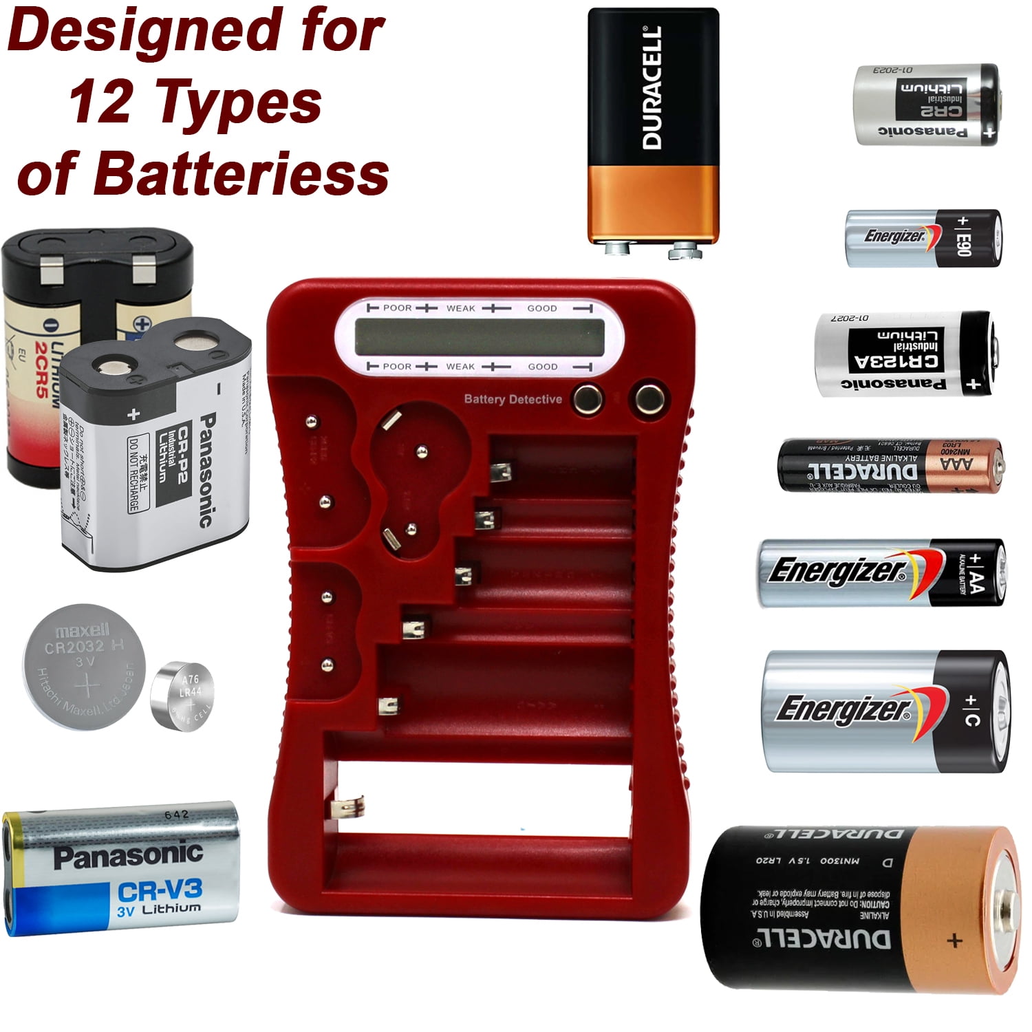 Battery Detective 12 Type Battery Tester (Red) with LCD Display for Household Batteries AA AAA C D 9V CR2032 CR123A N/LR1 CR2 CR-V3 2CR5 CR-P2 1.5V/3V Button Cell Batteries + AAA Batteries (36-Pack)