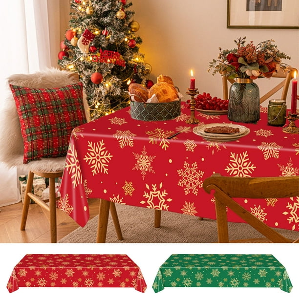 Diseños exquisitos: Este mantel para fiesta navideña presenta un patrón de copos de nieve dorados con fondo rojo y verde. Mide 137 x 274 cm (54 x 108 pulgadas) y es ideal para decorar fiestas de invie