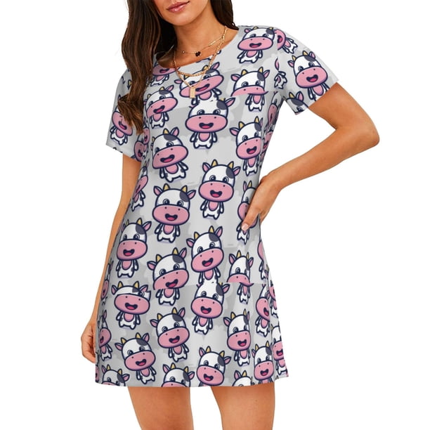 Disketp Baby Cow para Camisón Corto de Manga Corta para Mujeres, Camisón Cómodo con Escote Redondo, Bonito y Confortable