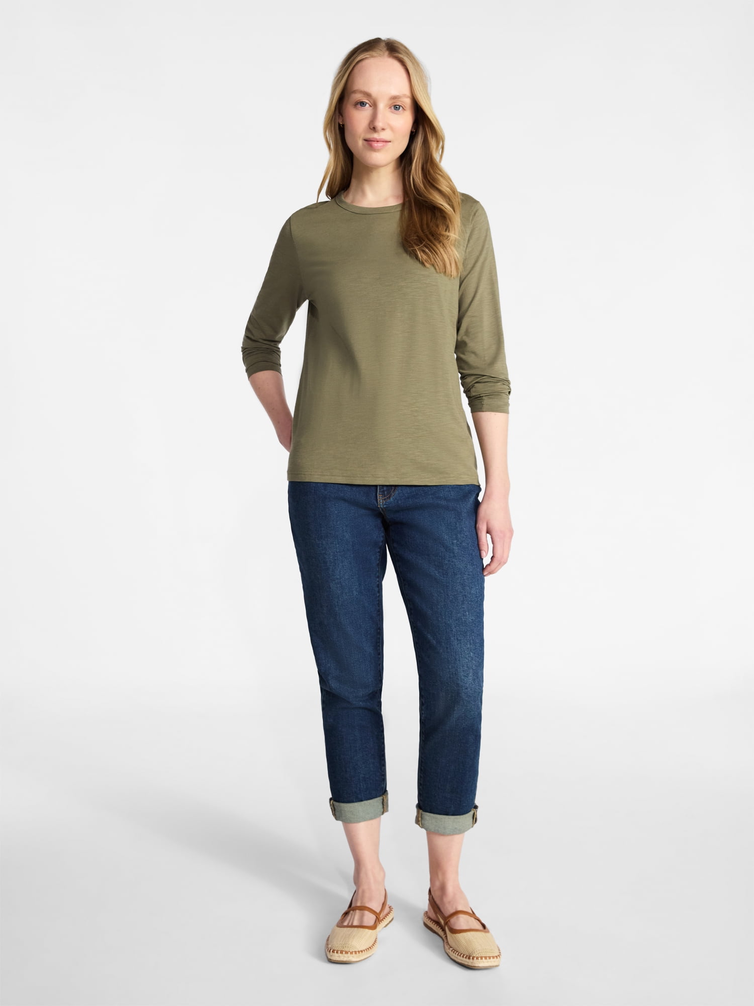 Time and Tru Women’s Slub Crewneck Tee with Long Sleeves, Sizes XS-XXXL