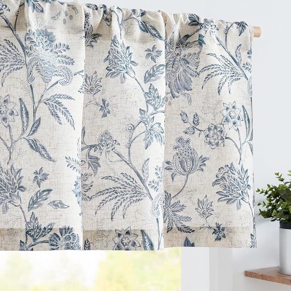 Linen Valance Curtain Farmhouse Cottage Floral Light Filtering for Kitchen Rustic for Living Room Bedroom Rod Pocket Panel Blue on Beige