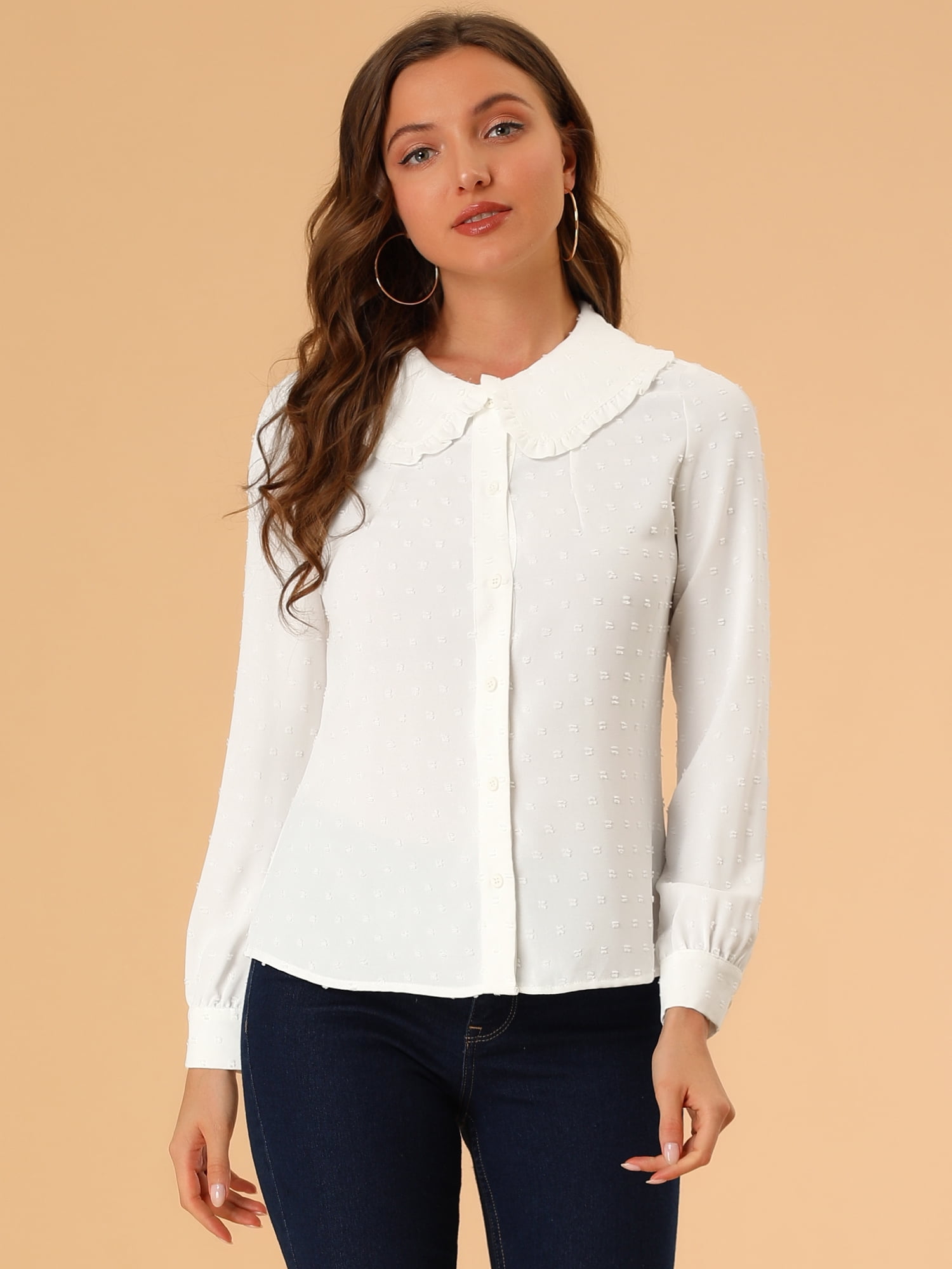Unique Bargains Women's Swiss Dots Long Sleeves Peter Pan Collar Blouse L White