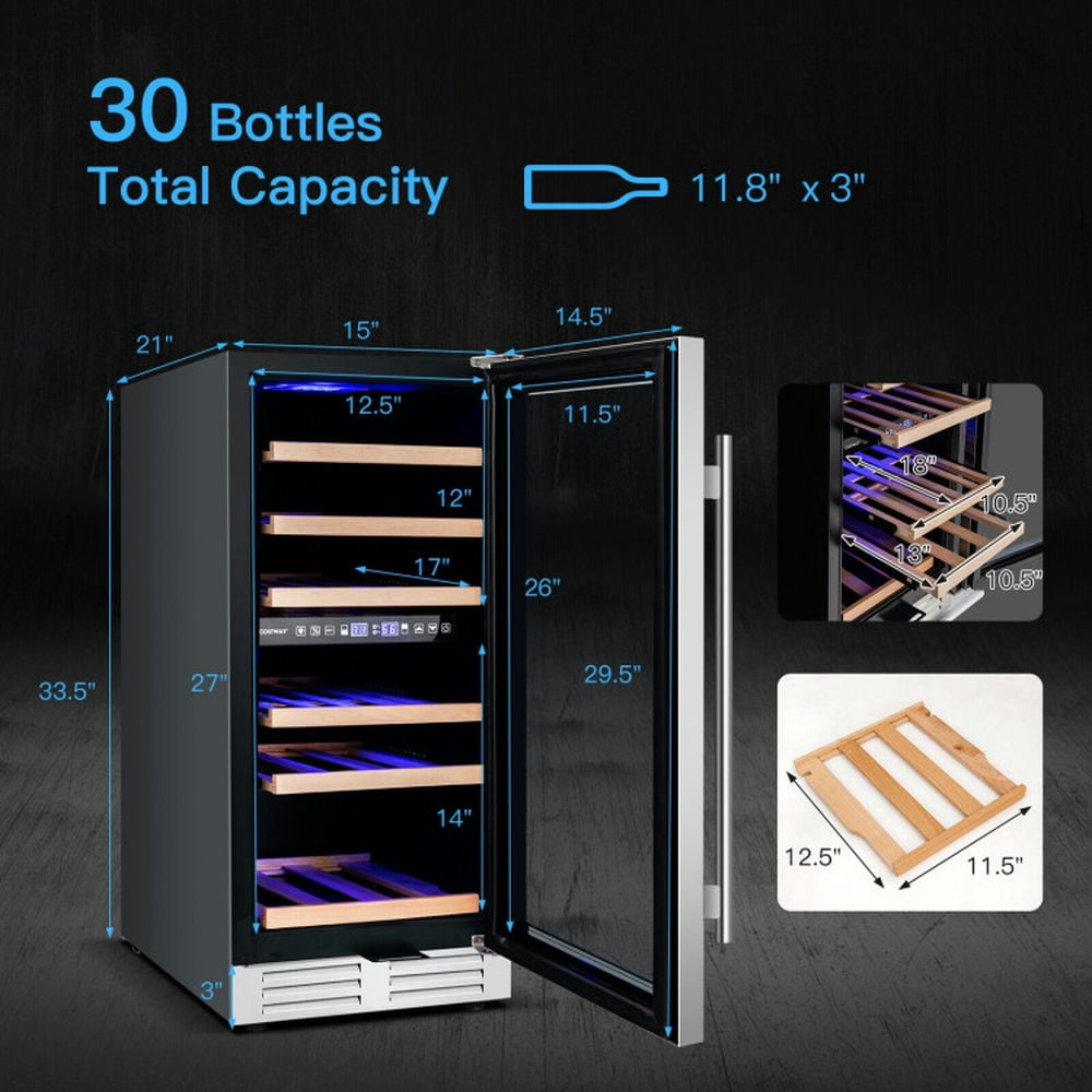 Spaco 30-Bottle Freestanding Wine Cooler with Dual Tempered Glass Door, Wine Cooler with Temp Memory and Dual Zones, Wine Cooler for Indoor, Silver