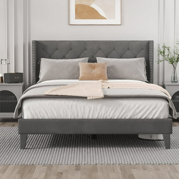 DOGIBIXO Upholstered Queen Bed Frame with Wingback Headboard, Modern