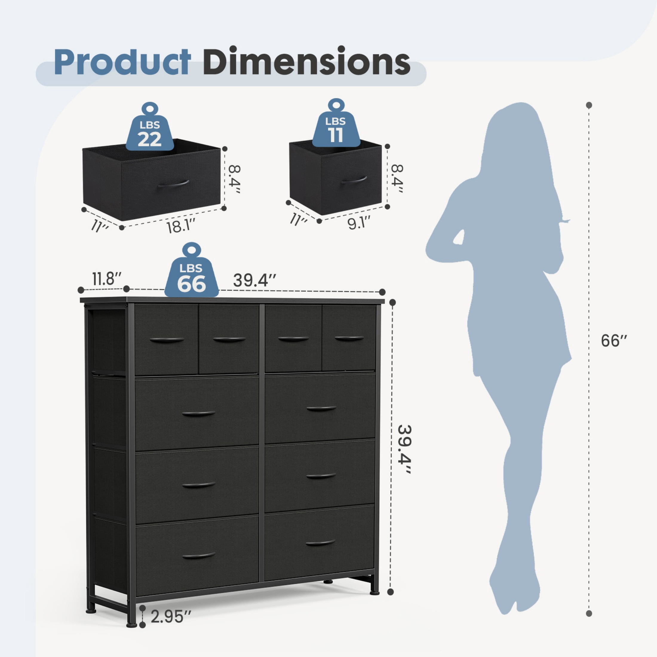 CONCETTA 10-Drawer Fabric Dresser, Large Storage Tower for Bedroom, Closet, Living Room, Black