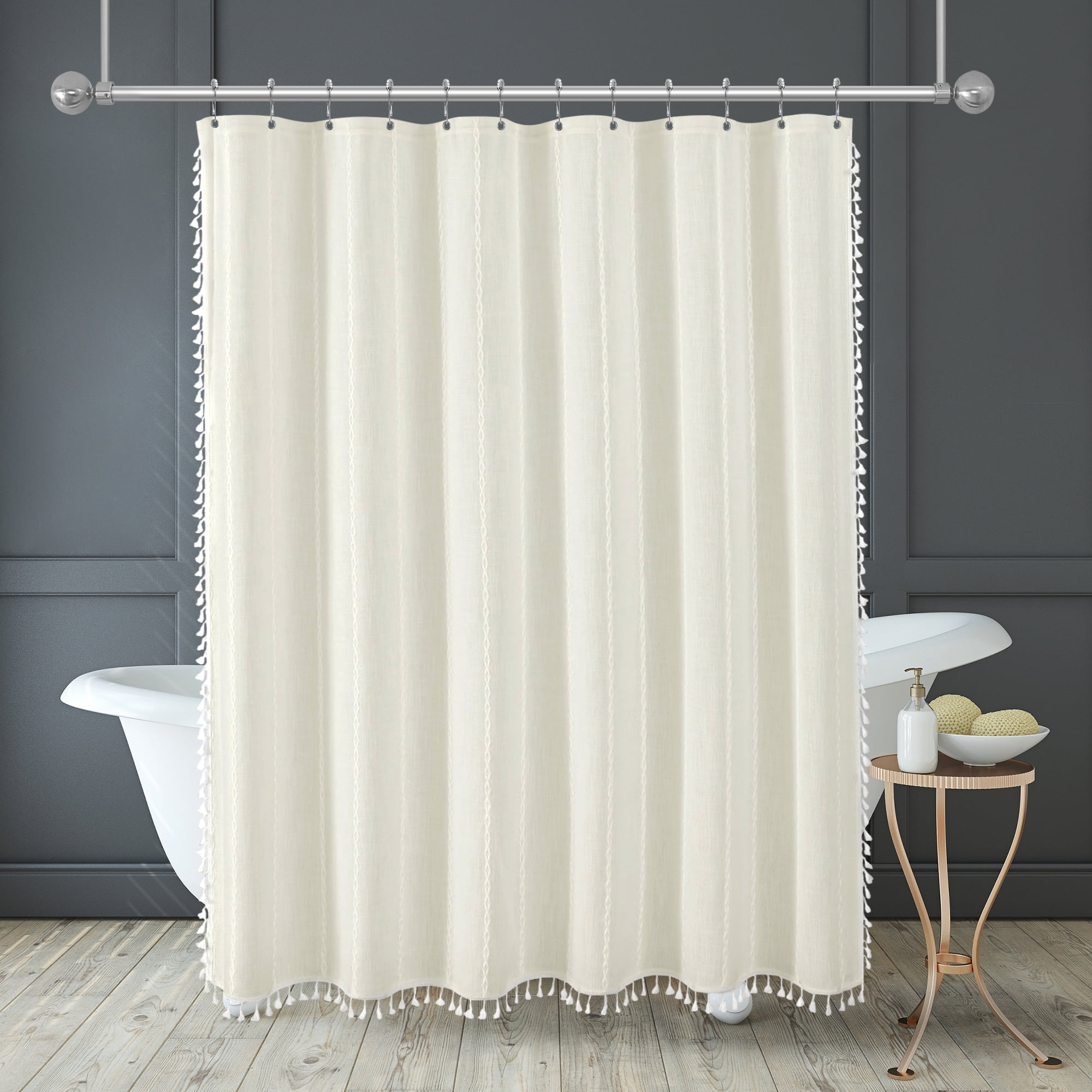 Americanflat 71x71 Woven Linen Ivory Shower Curtain with Tassel Accents - Includes 12 Grommets and Hooks - 100% Polyester