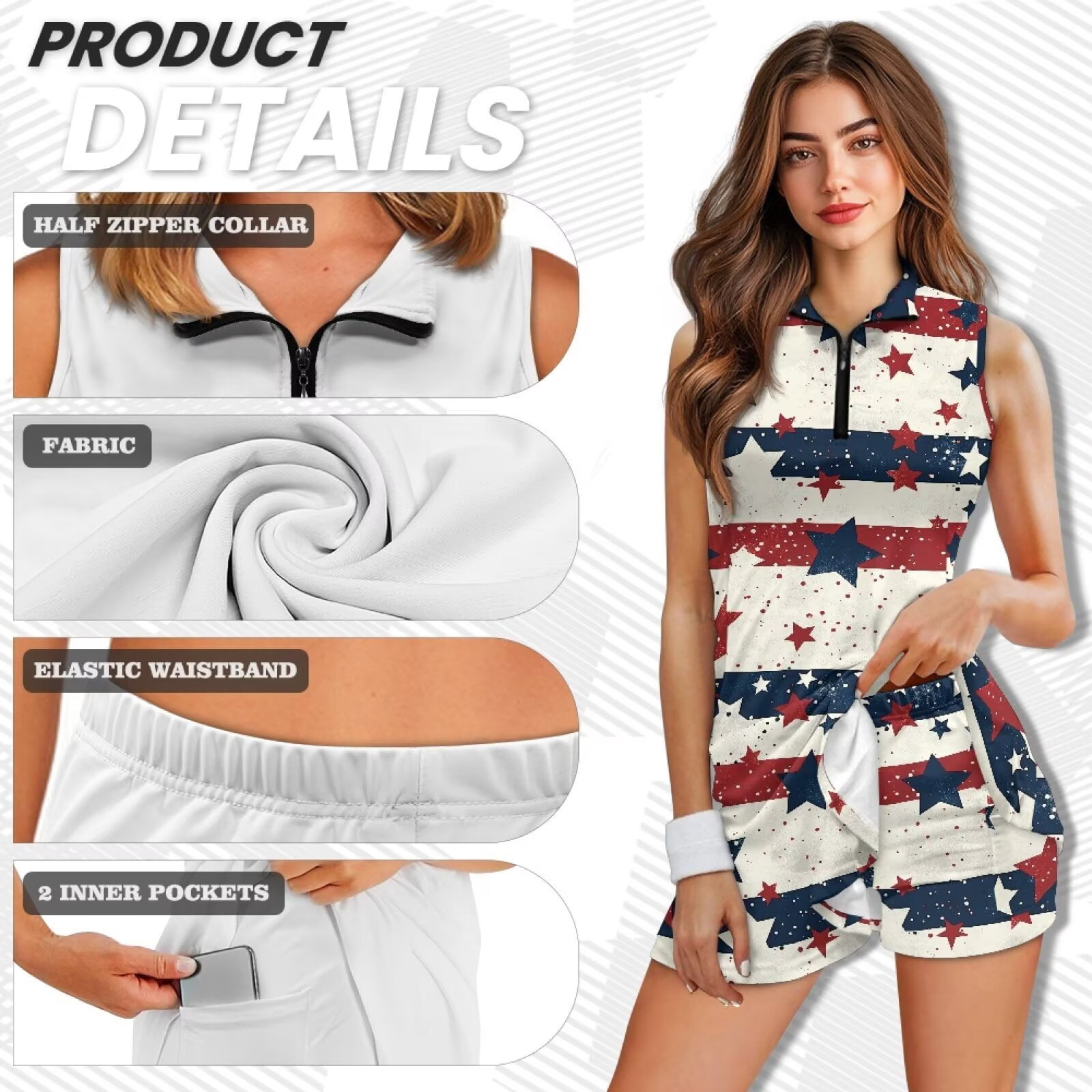 Yuyamidu American Flag Star Tennis Golf Dresses for Women V Neck Athletic Dress for Women Quick Dry Womens Athletic Clothing Sets with Shorts and Pockets Tennis Dress Size L