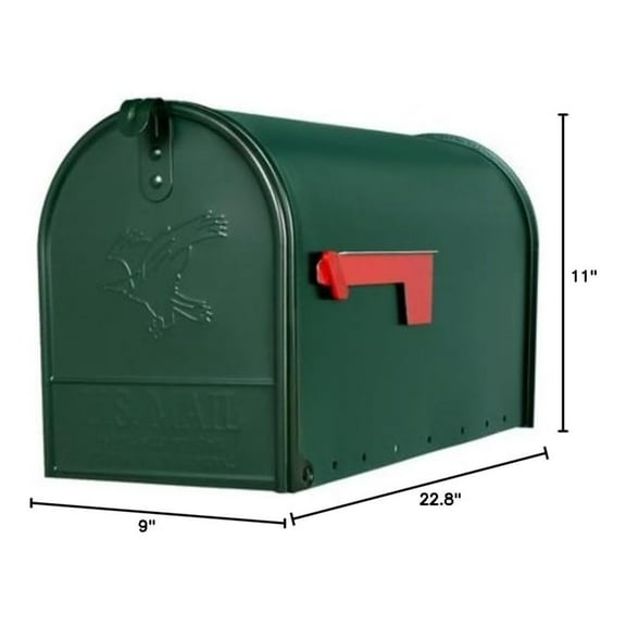 Green Rural Mailbox - Post Mount - Galvanized Steel - Large T2 - 11"H x 9"W x 22.8"D - 7.6 lbs - Solar #E1600G00 Black