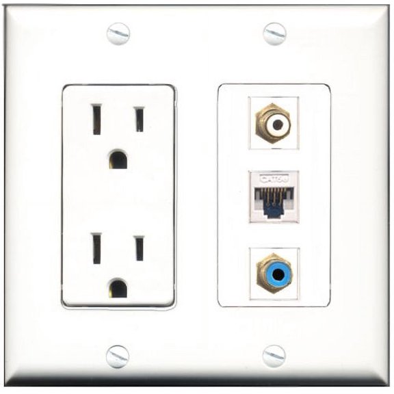 RiteAV - 15 Amp Power Outlet 1 Port RCA White 1 Port RCA Blue 1 Port Cat5e Ethernet White Decorative Wall Plate