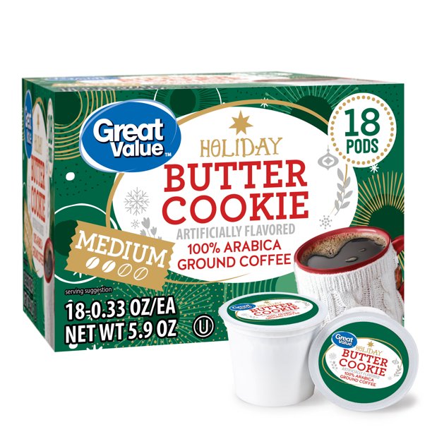 Great Value 100 Arabica Ground Coffee Pods, Butter Cookie, 18 Count