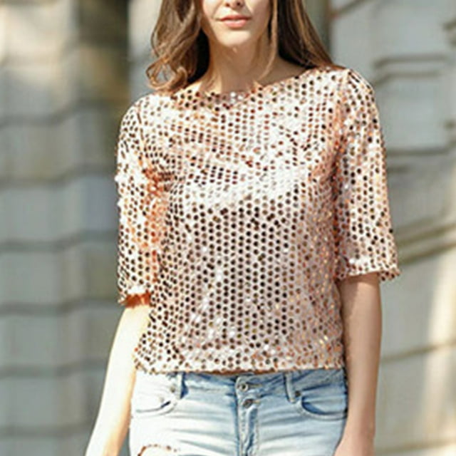 Fiudx Tops para Mujer Moda Mujer Moda Media Manga Cuello Redondo Impreso Camiseta Blusa Lentejuelas Sueltas Tops