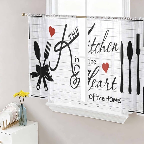 Kitchen Tableware Semi Sheer Curtains 54 Inch Length 2 Panels Set, Red Love Heart Black Words Vintage Sheer Kitchen Curtain Privacy Voile Window Curtain for Living Room Bedroom Rod Pocket Drapes