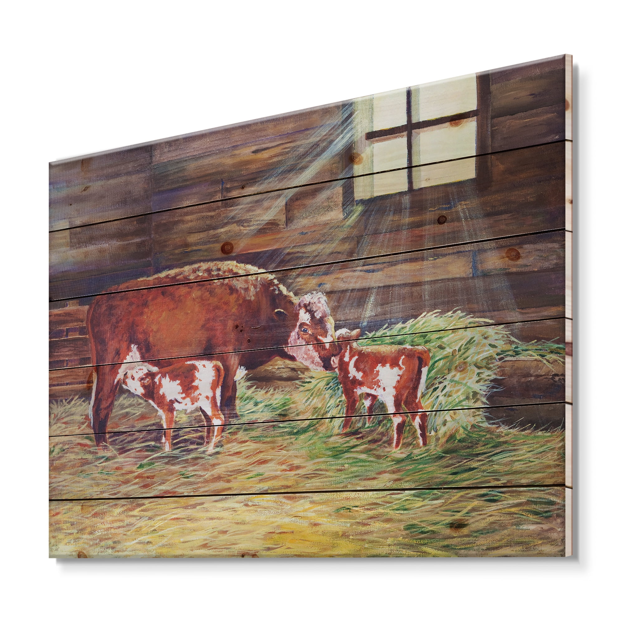 Designart 'Newborn Twin Calves With Cow At The Farm' Farmhouse Print on Natural Pine Wood