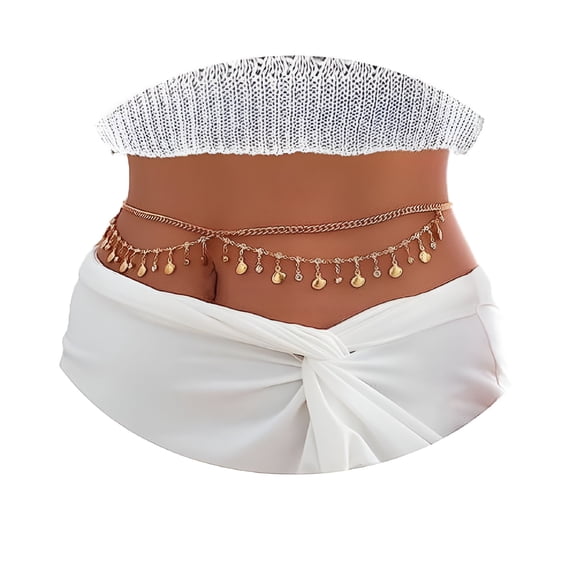 DESIGNICE Wavy Tassel Belly Chain with Rhinestone 27-37 Inch for Women Girls Gold Plated Waist Chain Adjustable Summer Beach Bikini Body Chains Stomach Jewelry Butterfly Shell Star