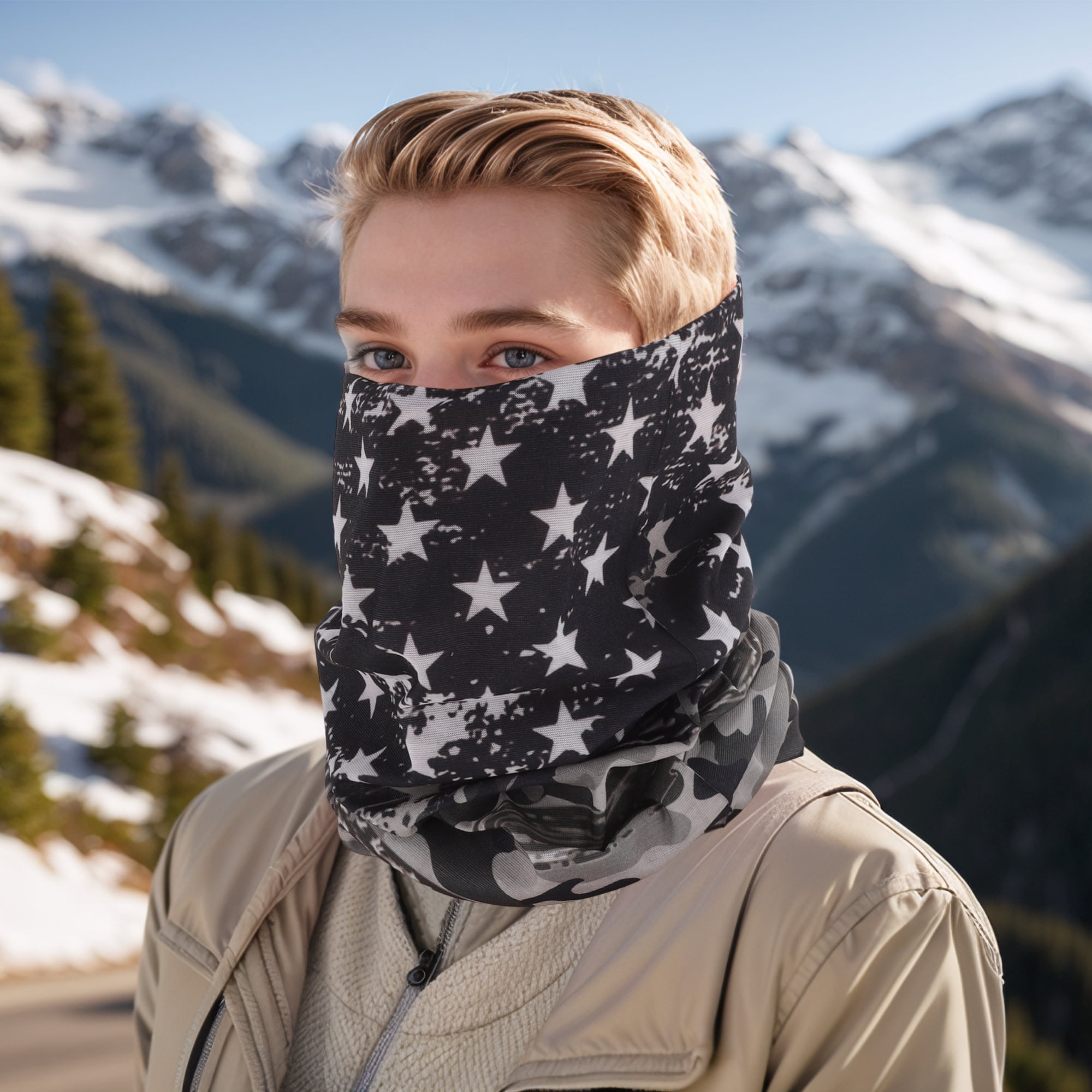 Unique Bargains Stars Pattern Face Scarf Mask Black Gray 1 Pc