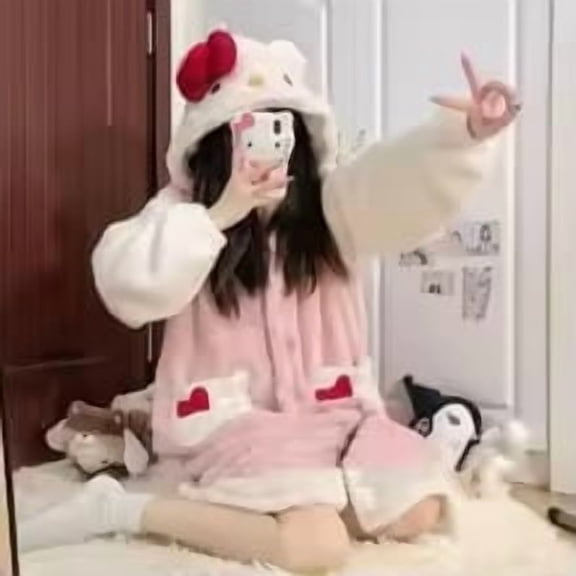 Hello Kitty Pajamas Women'S Autumn And Winter Coral Velvet Thickened Bathrobe Cute Winter Nightgown Long Women'S Suit