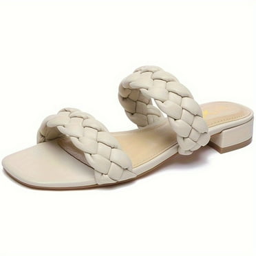 FLTHDD Women‘s Square Open Toe Braided Sandals Slip On Chunky Low Heel Slide Sandals Gift