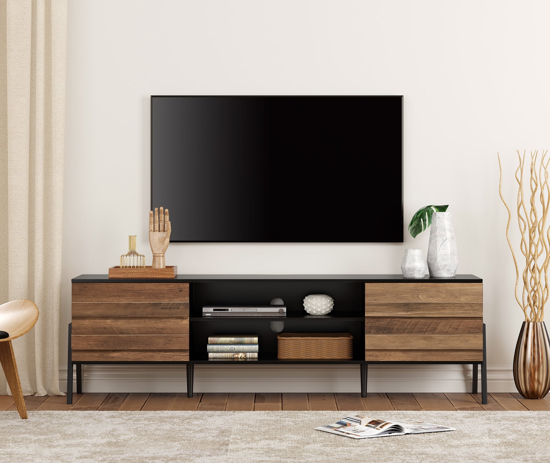 Mid Century Modern TV Stand for 75 inch TV, Wood TV Console Media Table with 6 Storages for Living Room Bedroom, Black/Brown