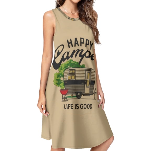Happy Camper Life Is Good Spring Summer Dresses for Women Fashion T-shirt Dress Casual Sleeveless Loose Sundress with Pockets